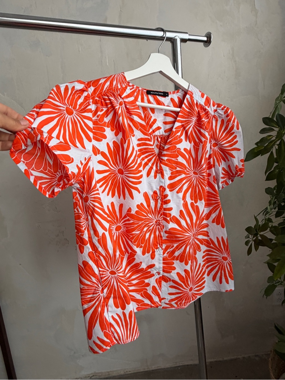 Floral Button-Front Blouse in Orange and White - Women